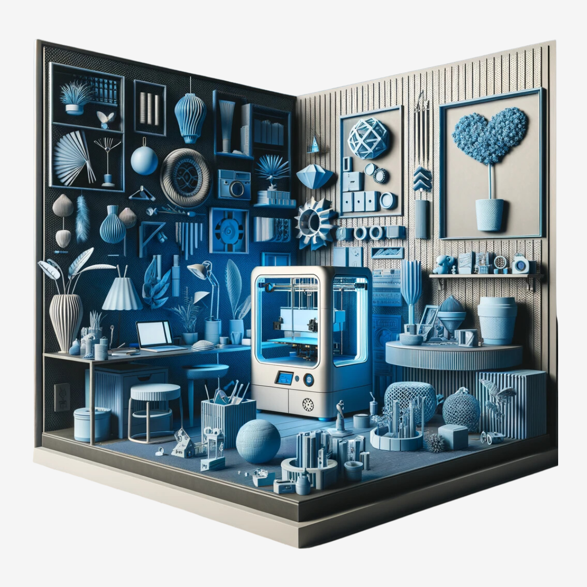 Illustration d'une petite pièce avec des imprimantes 3D et des accessoires pour l'impression 3D